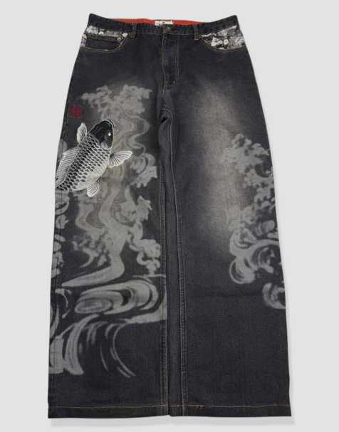 Vintage 34W 28L Karakuri Tamashii Japanese embroidered baggy jeans in black - view 1