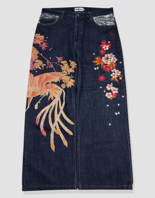 Vintage 34W 28L Karakuri Tamashii Japanese embroidered jeans in blue