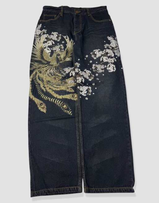 Vintage 34W 30L Japanese Tradition embroidered jeans in black