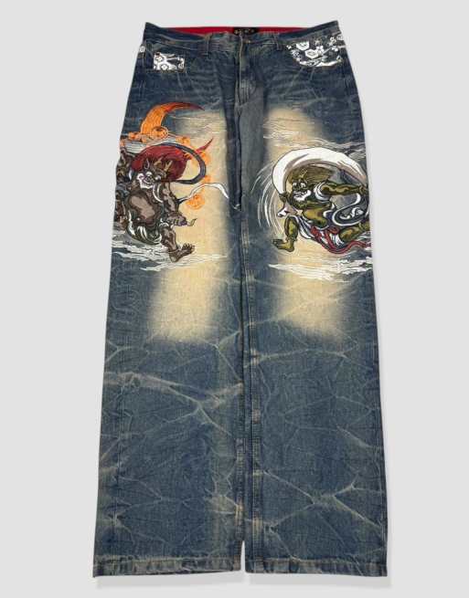 Vintage 34W 30L Japanese Tradition embroidered jeans in blue