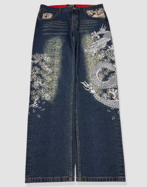 Vintage 34W 30L Japanese tradition embroidered jeans in blue