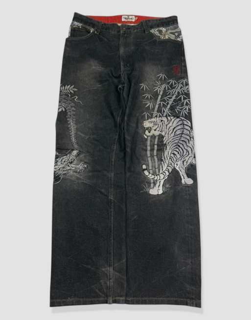 Vintage 34W 30L Karakuri Tamashii Japanese embroidered jeans in black