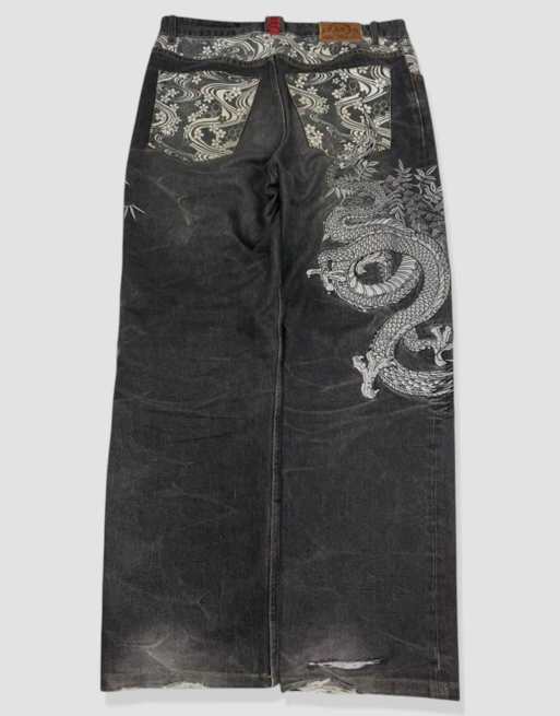 Vintage 34W 30L Karakuri Tamashii Japanese embroidered jeans in black, 2 of 4