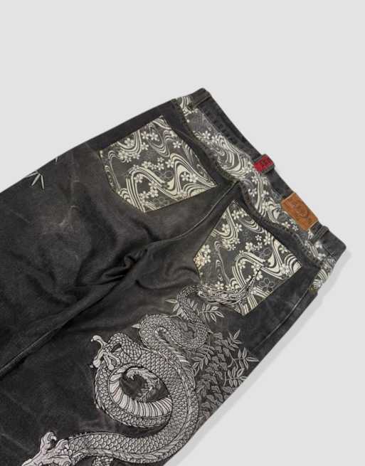 Vintage 34W 30L Karakuri Tamashii Japanese embroidered jeans in black, 3 of 4
