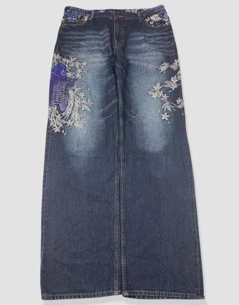 Vintage 34W 32L Japanese embroidered koi jeans in blue - view 1