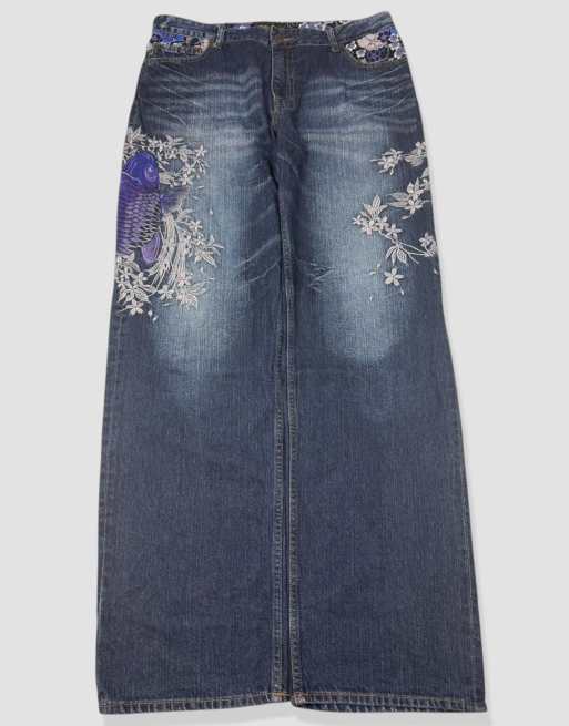 Vintage 34W 32L Japanese embroidered koi jeans in blue