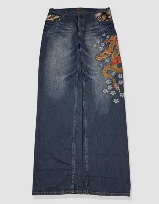 Vintage 34W 32L Japanese Tradition embroidered jeans in blue