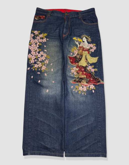Vintage 36W 30L Japanese Tradition embroidered baggy jeans in blue