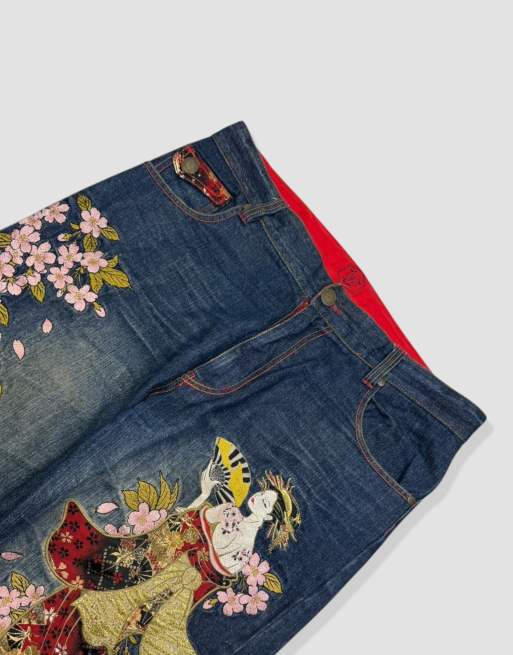 Vintage 36W 30L Japanese Tradition embroidered baggy jeans in blue, 3 of 4
