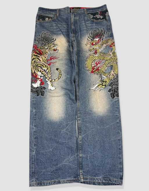 Vintage 36W 30L Japanese tradition embroidered jeans in blue