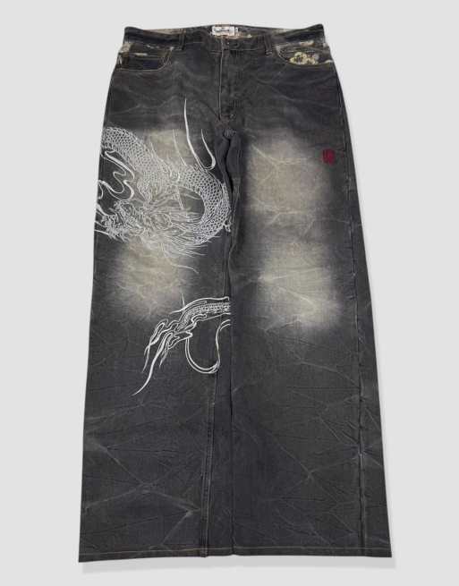 Vintage 36W 30L Karakuri Tamashii Japanese embroidered jeans in black