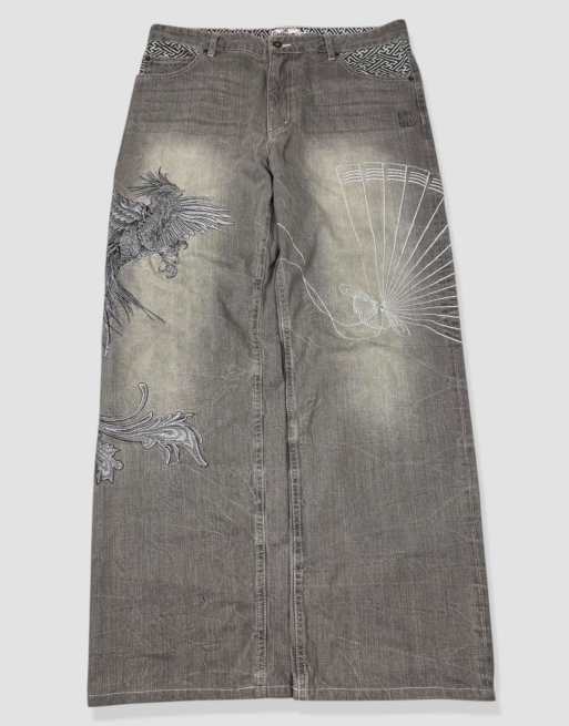 Vintage 36W 30L Karakuri Tamashii Japanese jeans in grey