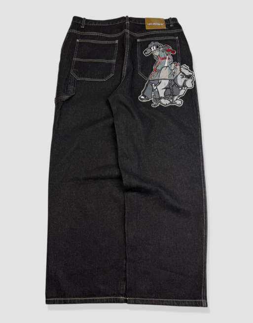 Vintage 36W 30L School of Hard Knocks embroidered baggy jeans in black