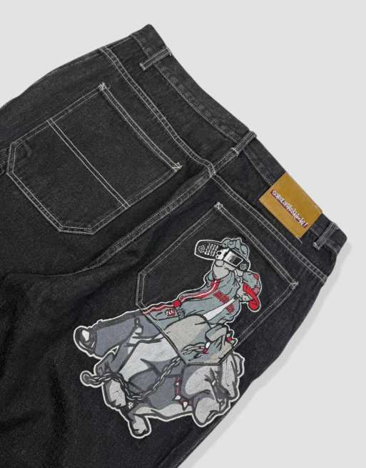Vintage 36W 30L School of Hard Knocks embroidered baggy jeans in black, 3 of 4