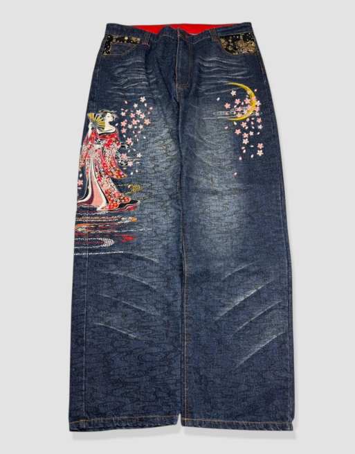 Vintage 36W 32L Japanese tradition embroidered baggy jeans in blue