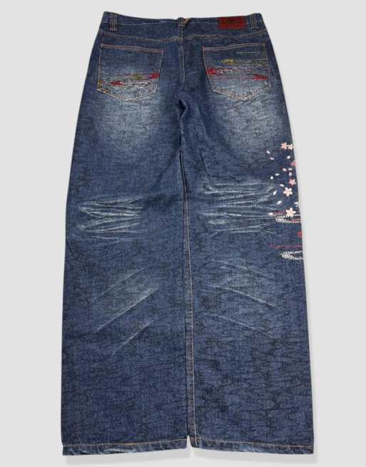 Vintage 36W 32L Japanese tradition embroidered baggy jeans in blue, 2 of 4