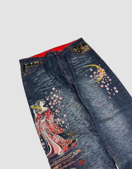 Vintage 36W 32L Japanese tradition embroidered baggy jeans in blue, 3 of 4