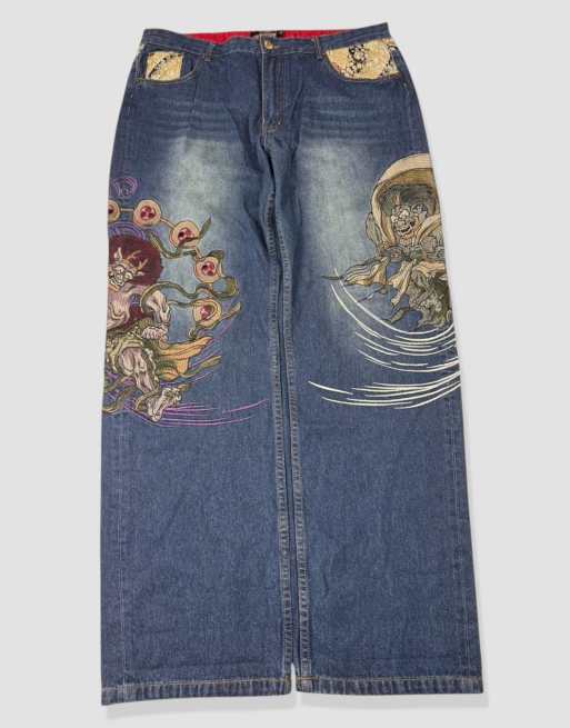 Vintage 36W 32L Japanese Tradition embroidered jeans in blue