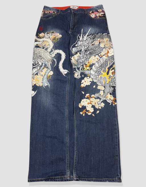 Vintage 36W 32L Karakuri Tamashii Japanese embroidered jeans in blue