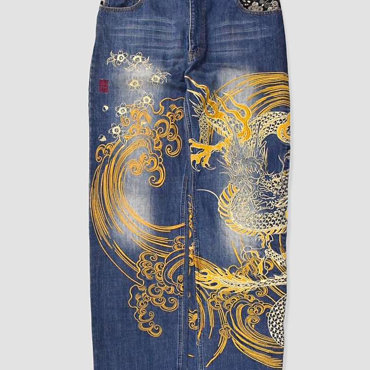 Vintage 36W 34L Japanese Karakuri Tamashii embroidered baggy Vintage 36W 34L Japanese Karakuri Tamashii embroidered baggy
