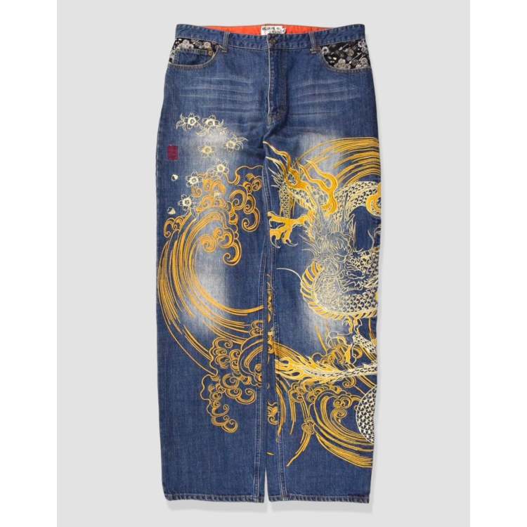 Vintage 36W 34L Japanese Karakuri Tamashii embroidered baggy