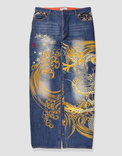 Vintage 36W 34L Japanese Karakuri Tamashii embroidered baggy jeans in blue