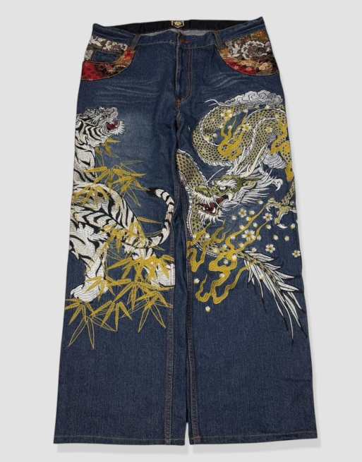 Vintage 38W 30L Japanese Tradition embroidered jeans in blue