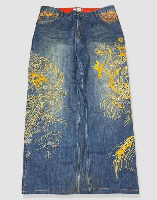 Vintage 38W 30L Karakuri Tamashii Japanese embroidered jeans in blue