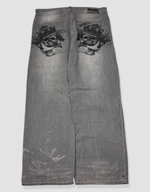 Vintage 38W 32L Ecko Unltd embroidered baggy jeans in grey