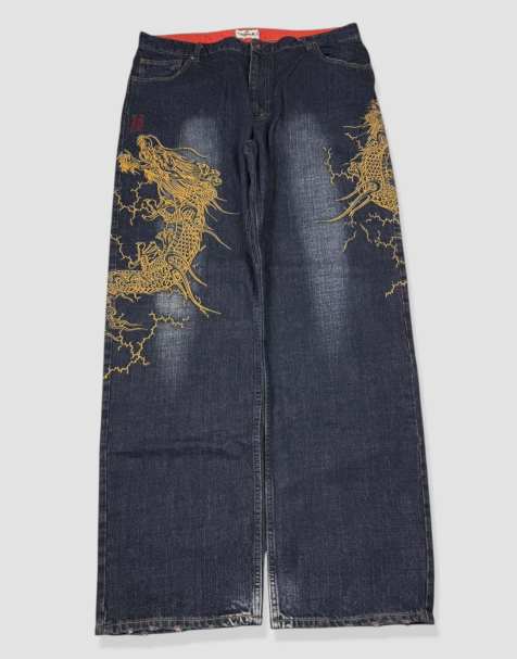Vintage 38W 32L Karakuri Tamashii Japanese embroidered jeans in blue - view 1