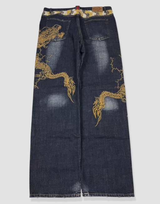 Vintage 38W 32L Karakuri Tamashii Japanese embroidered jeans in blue, 2 of 4