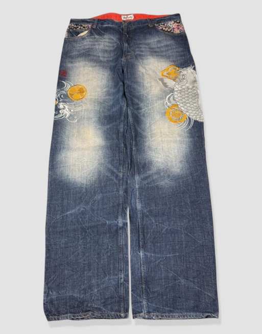 Vintage 38W 34L Japanese Karakuri Tamashii embroidered baggy jeans in blue