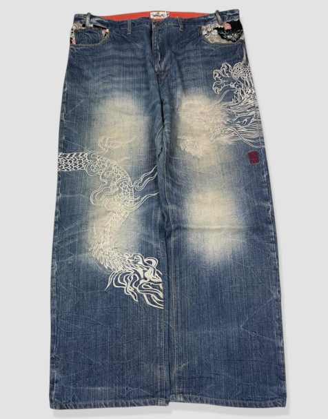 Vintage 40W 30L Karakuri Tamashii Japanese embroidered baggy jeans in blue - view 1