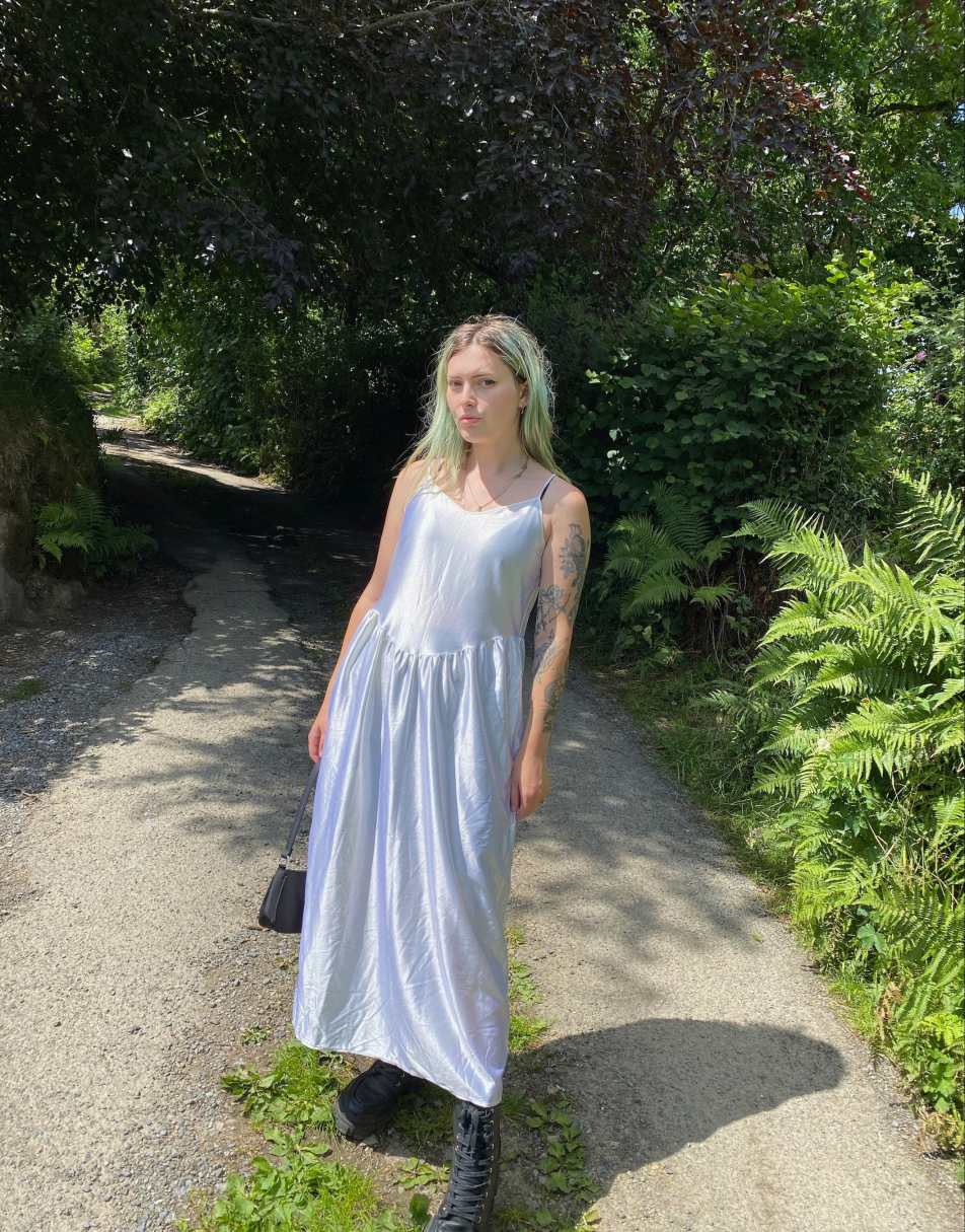 Vintage 70s Satin Size L Maxi Slip Dress in White