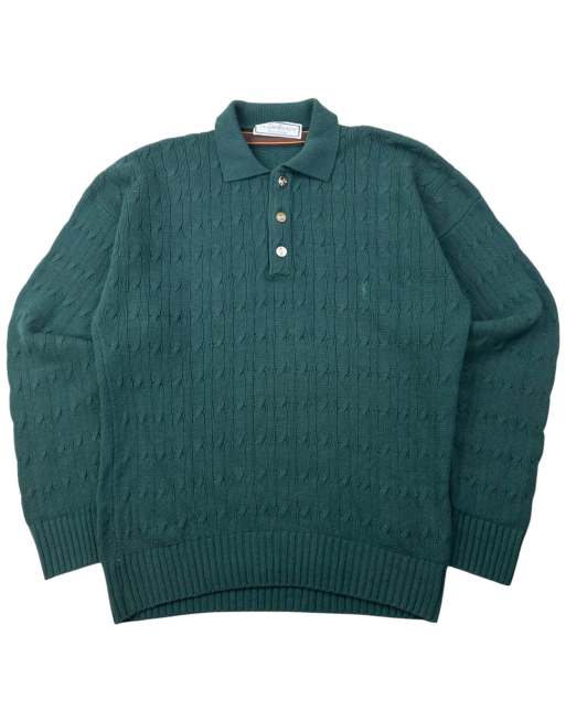 Vintage 80s YSL Yves Saint Laurent Cable Knit Polo Jumper Size M in Green
