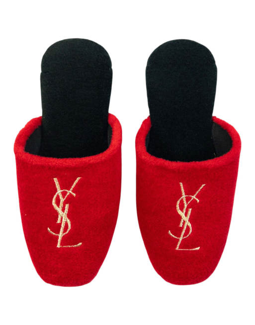Vintage 80s YSL Yves Saint Laurent Embroidered Fleece Slippers Size 6, 1 of 4