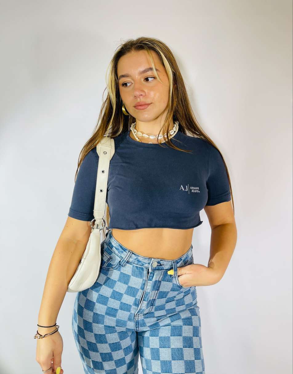 Vintage 90s Armani Jeans Size S Cropped T-Shirt in Navy