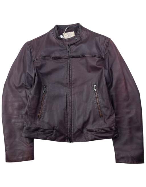 Vintage 90s Armani Jeans zip up leather jacket size s in burgundy