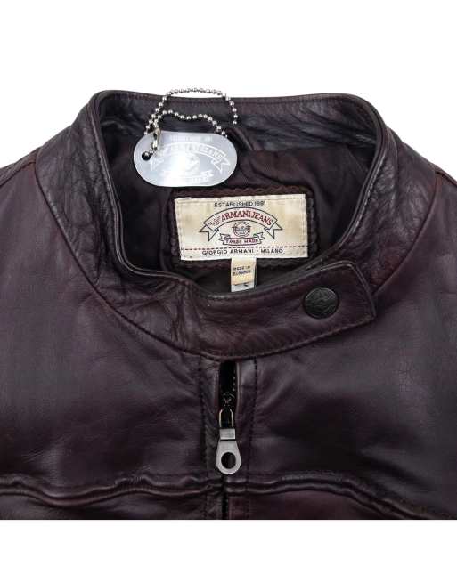 Vintage 90s Armani Jeans zip up leather jacket size s in burgundy
