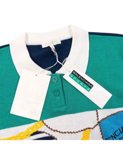 Vintage 90s Balenciaga Sports Embroidered Knit Polo Shirt Size L