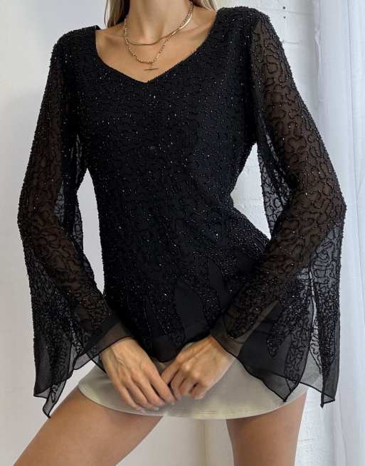 Vintage 90s beaded long sleeve blouse with bell sleeves size l in black