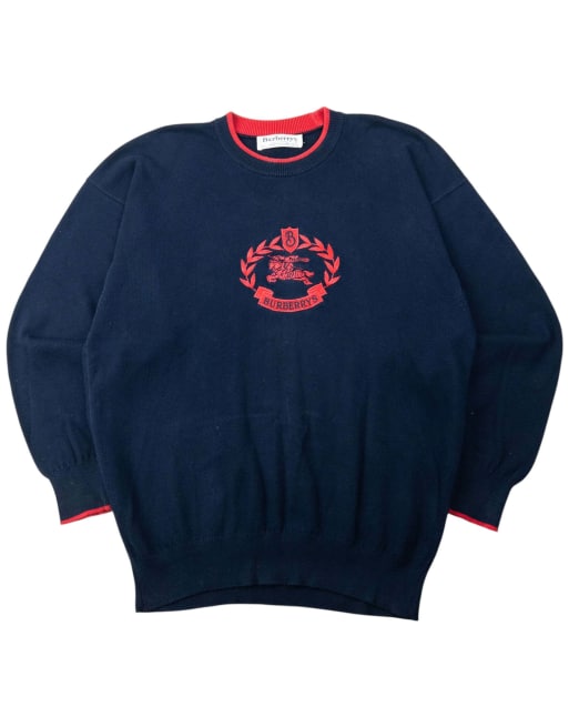 Vintage 90s Burberry Embroidered Jumper Size L in Navy