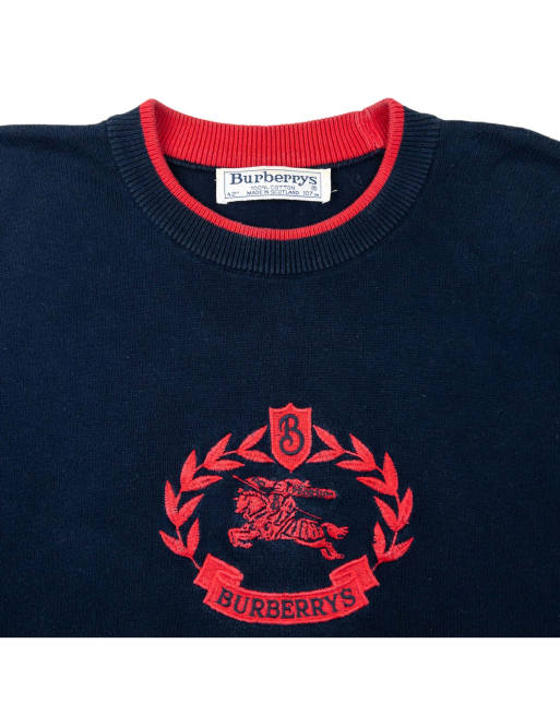 Vintage 90s Burberry Embroidered Jumper Size L in Navy | ASOS