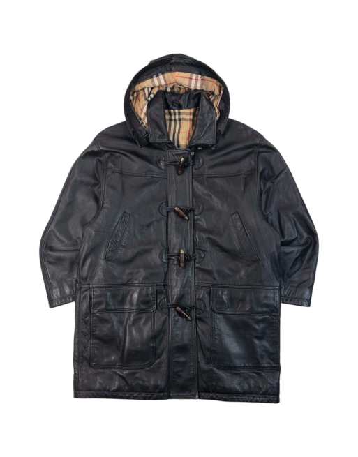 Vintage 90s Burberry Nova Check Lined Leather Duffle Jacket Size L, 1 of 7