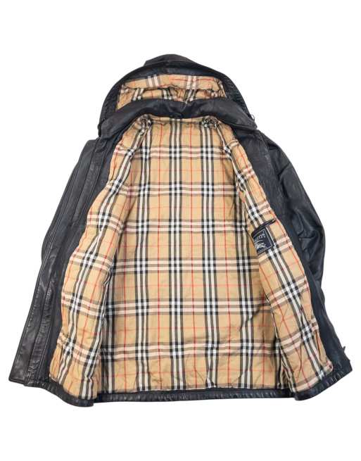 Vintage 90s Burberry Nova Check Lined Leather Duffle Jacket Size L, 2 of 7