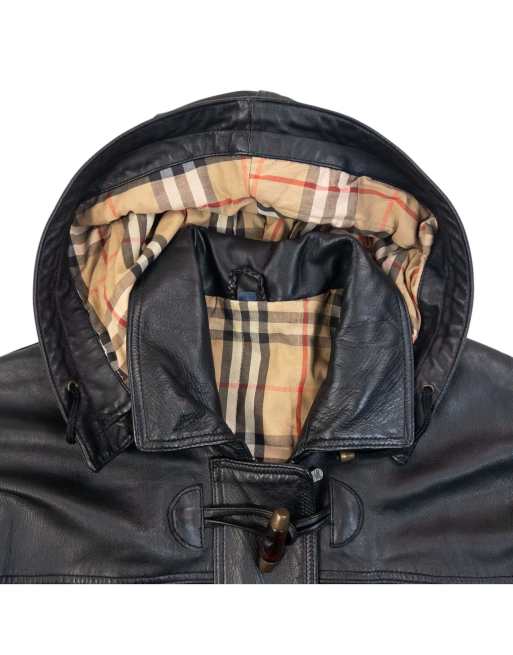 Vintage 90s Burberry Nova Check Lined Leather Duffle Jacket Size L, 4 of 7