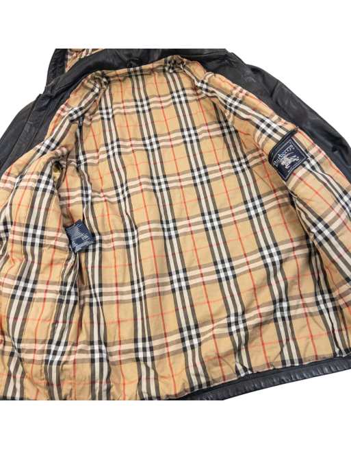 Vintage 90s Burberry Nova Check Lined Leather Duffle Jacket Size L, 5 of 7