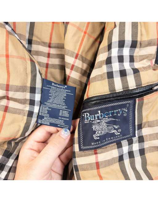 Vintage 90s Burberry Nova Check Lined Leather Duffle Jacket Size L, 6 of 7