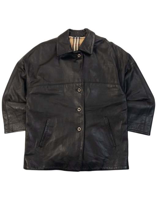 Vintage 90s Burberry Nova Check Lined Leather Jacket Size L, 1 of 4
