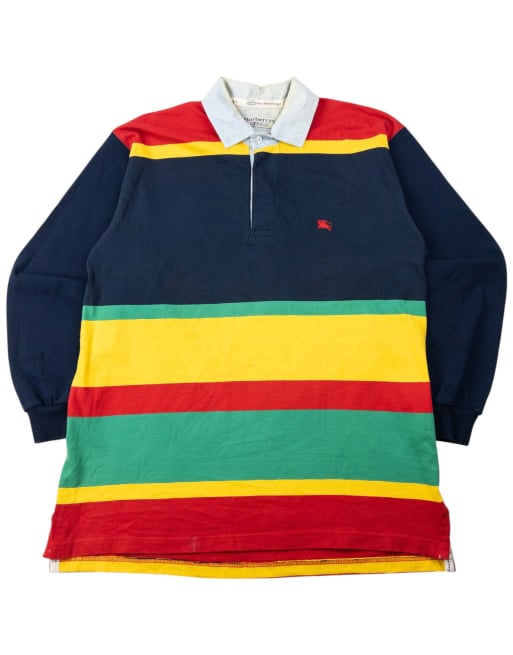 Vintage 90s Burberry Striped Long Sleeve Polo Shirt Size M in Mixed